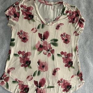 Latched Mama Cream V-Neck Tee with Pink Floral Print
